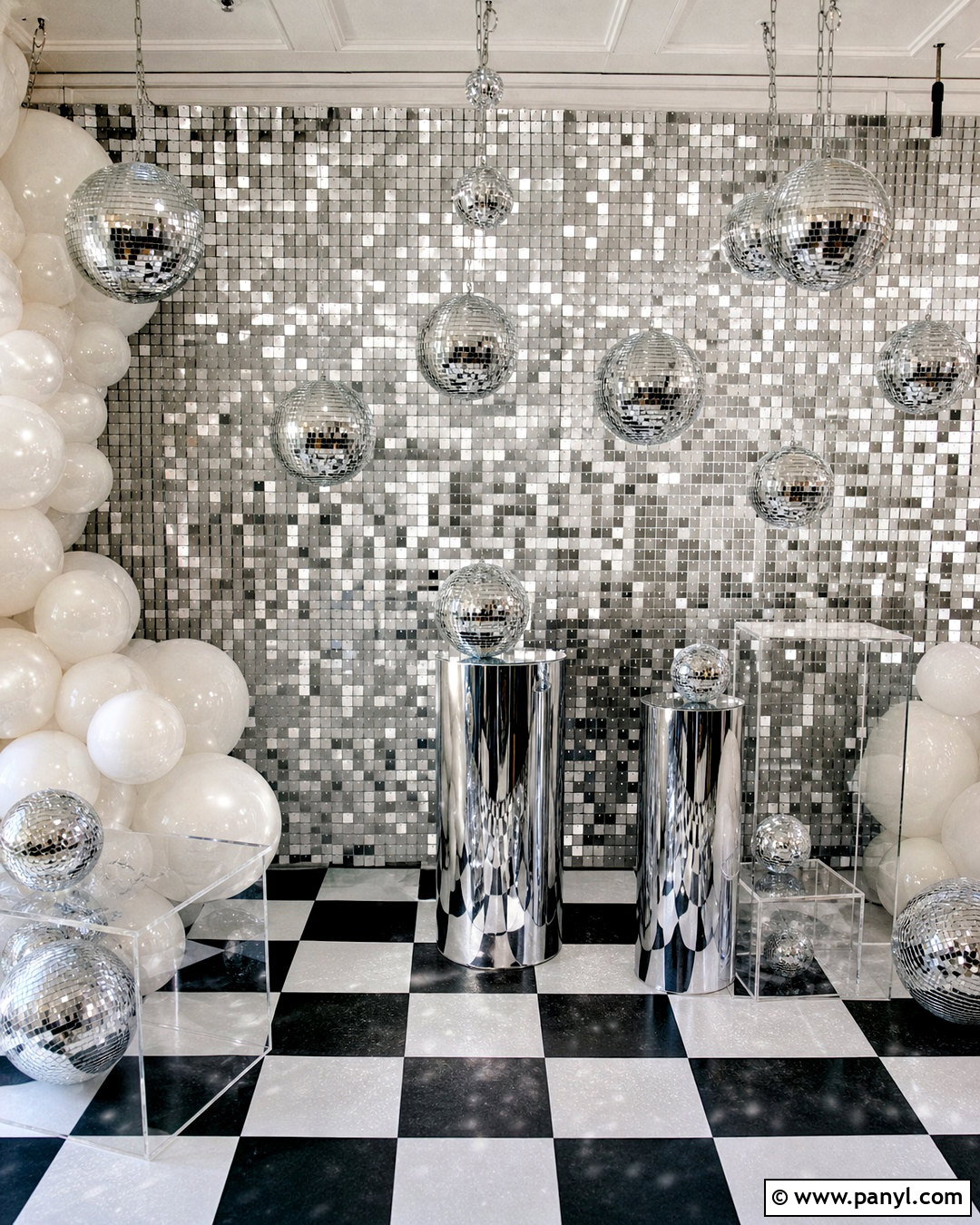 Silver Sequin Wall Backdrop With Disco Balls - 20 sequin wall backdrop ideas