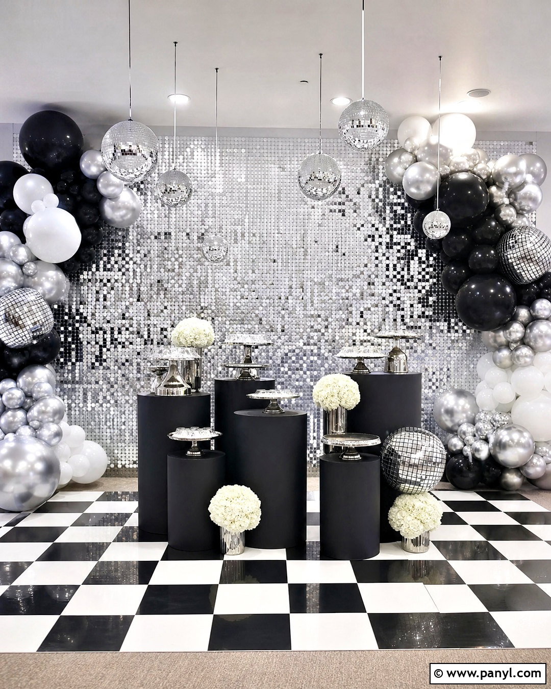 Silver Shimmer Wall Disco Backdrop - 20 shimmer wall with balloons