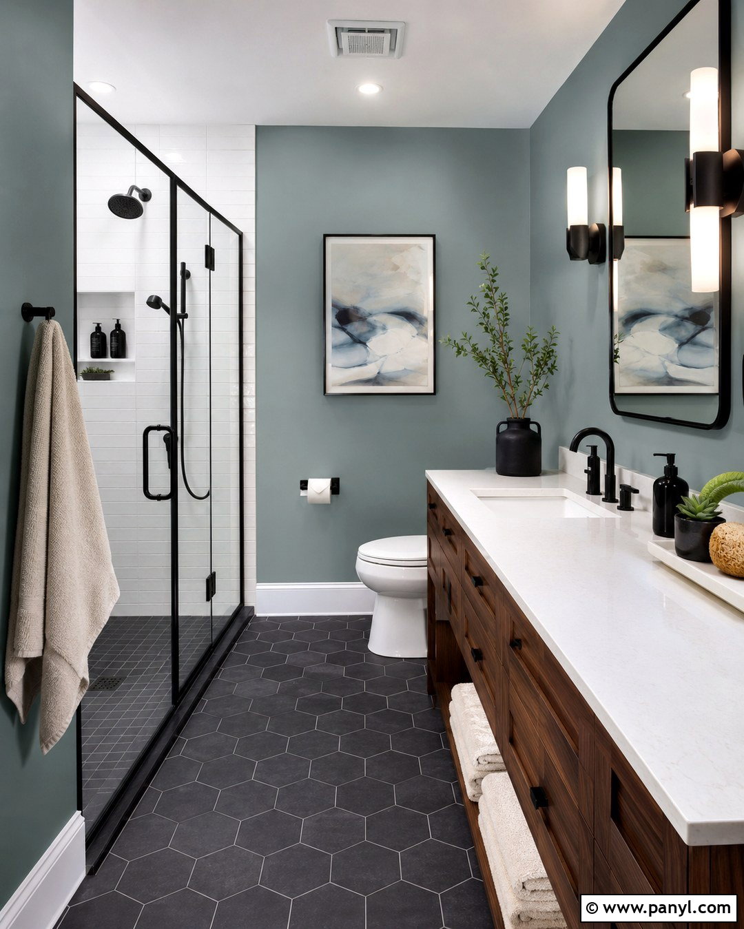 Silvermist Bathroom With Black Fixtures - 20 Silvermist Sherwin Williams Bathroom Ideas