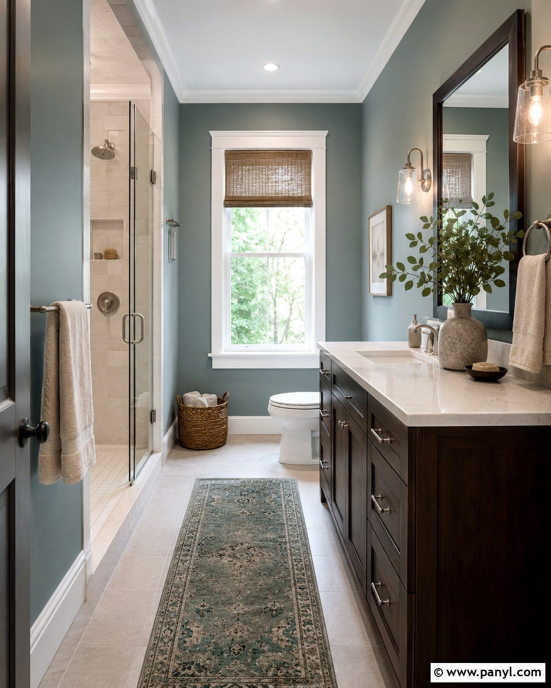 Silvermist Bathroom With Dark Wood Vanity - 20 Silvermist Sherwin Williams Bathroom Ideas