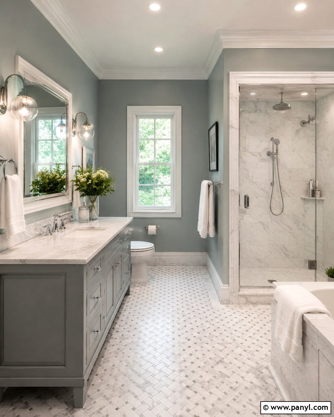 Silvermist Bathroom With Marble Tile - 20 Silvermist Sherwin Williams Bathroom Ideas