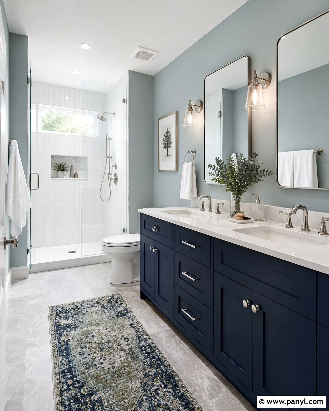 Silvermist Bathroom With Navy Vanity - 20 Silvermist Sherwin Williams Bathroom Ideas