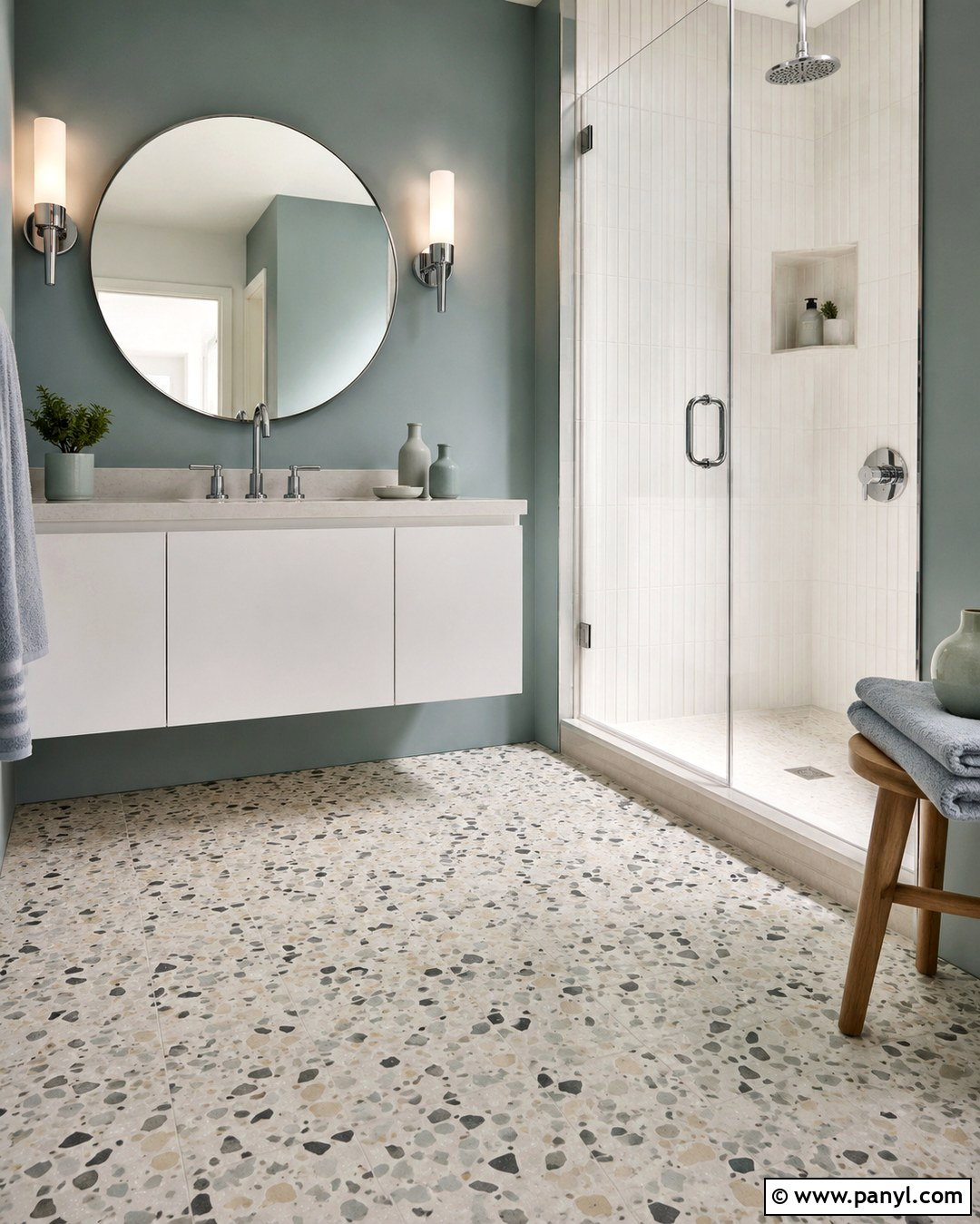 Silvermist Bathroom With Terrazzo Floor - 20 Silvermist Sherwin Williams Bathroom Ideas
