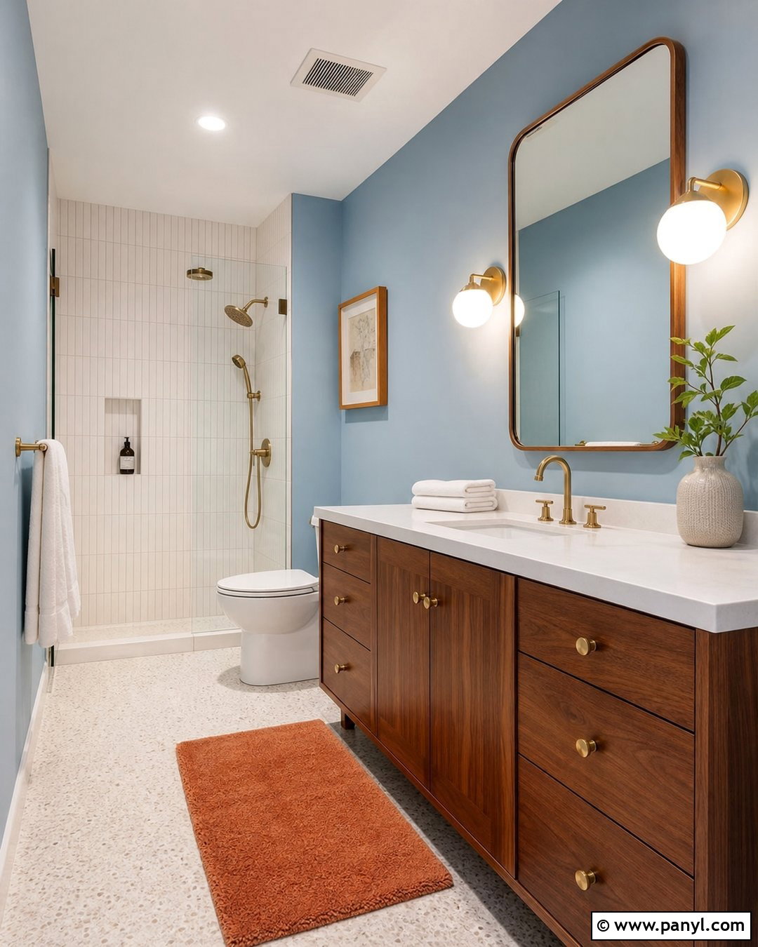 Sky Blue And Walnut Bathroom - 20 Aesthetic Bathroom Color Schemes