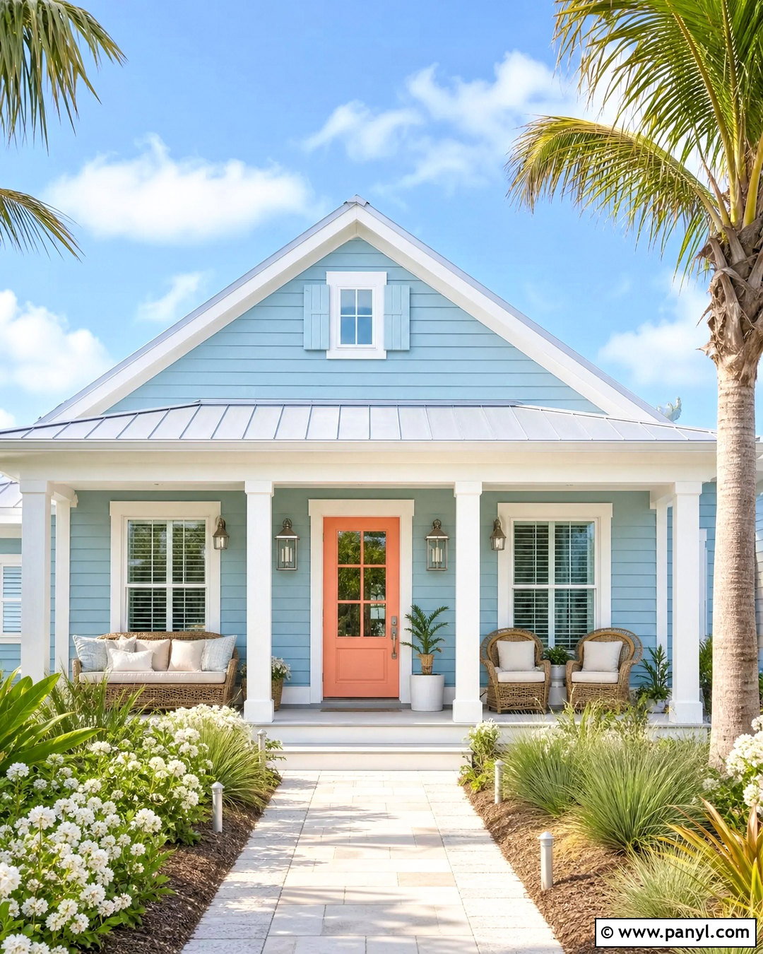 Sky Blue Beach House Exterior With Coral Door - 20 beach house exterior paint colors