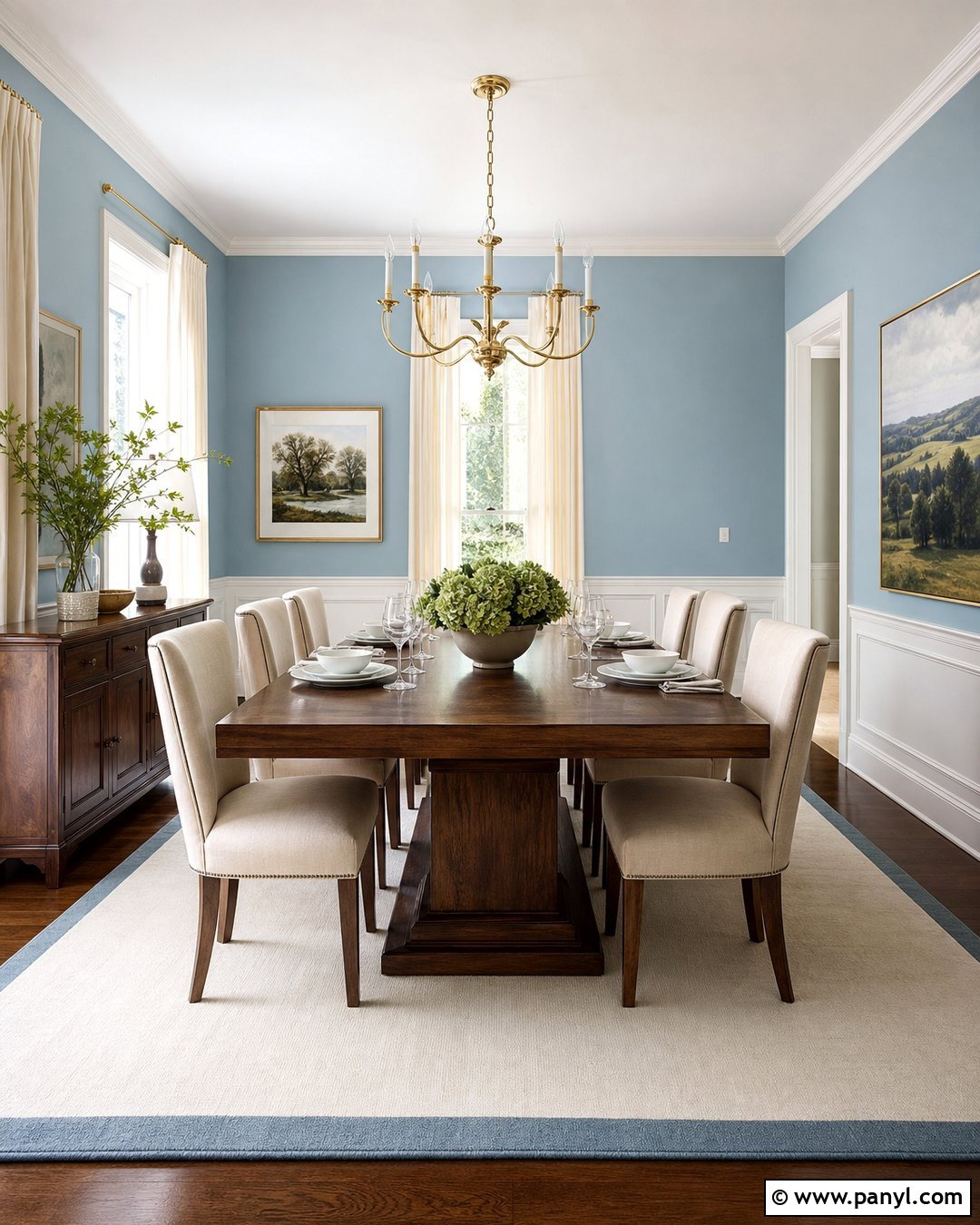 Sky Blue Dining Room Walls With Walnut Table - 30 Sky Blue Walls