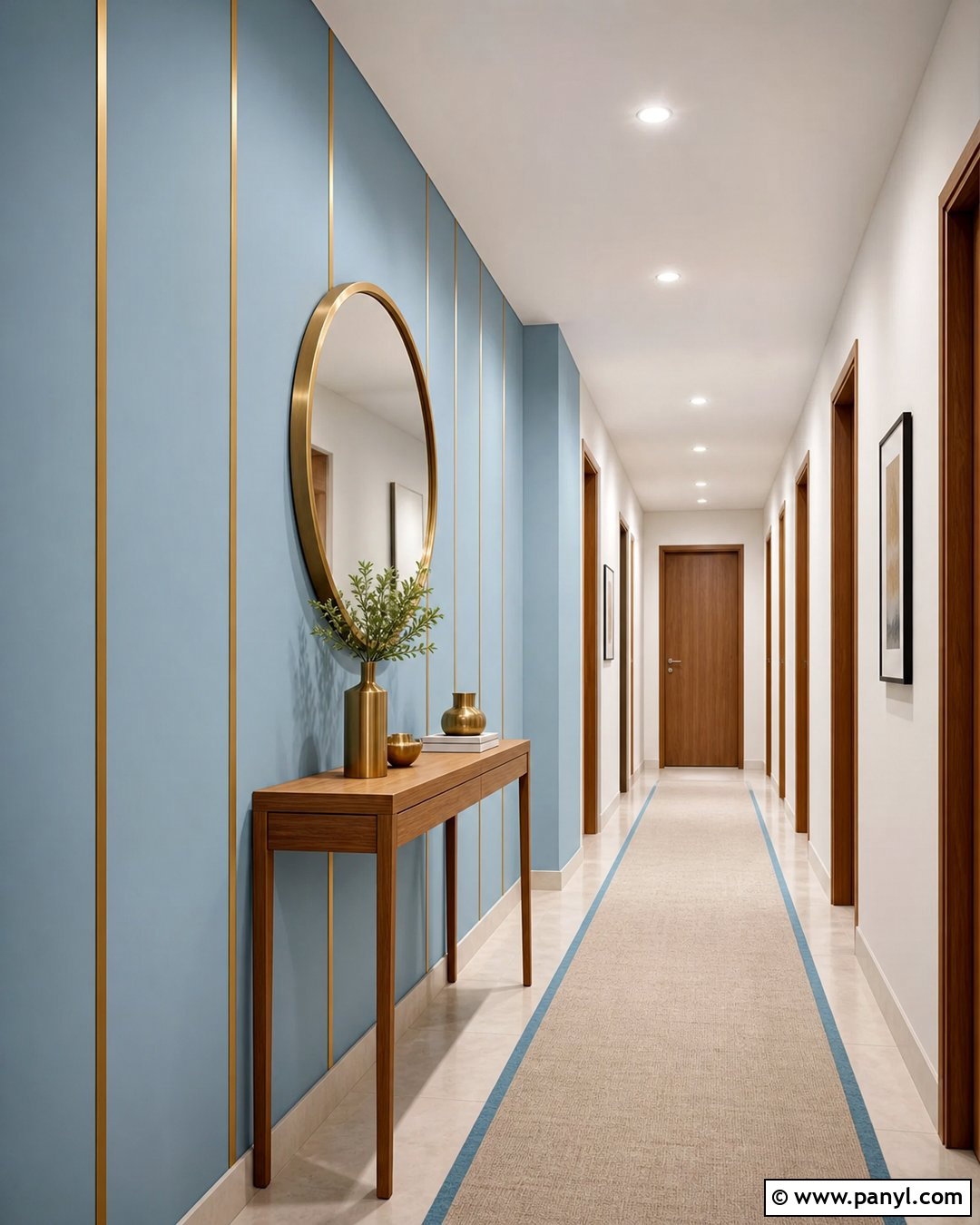Sky Blue Hallway Wall With Minimal Gold Lines - 20 Blue Wall With Gold Lines