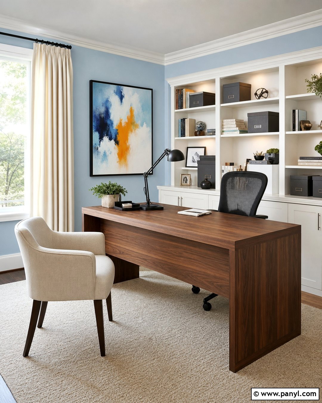 Sky Blue Home Office Walls With Walnut Desk - 30 Sky Blue Walls