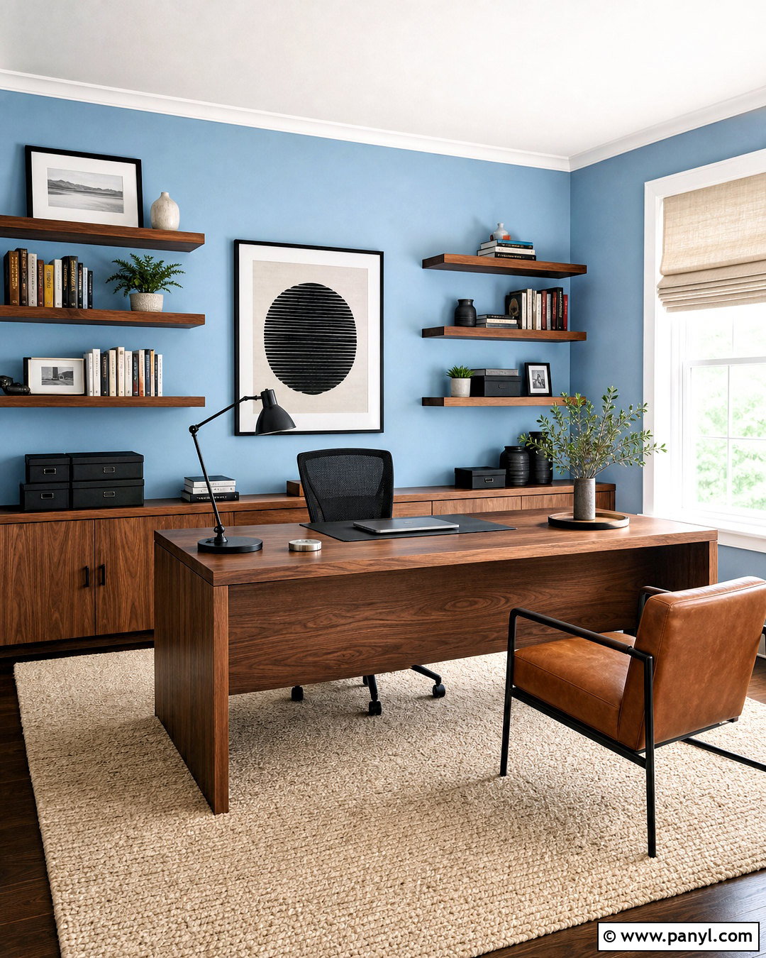 Sky Blue Home Office With Walnut Furniture - 20 sky blue wall ideas