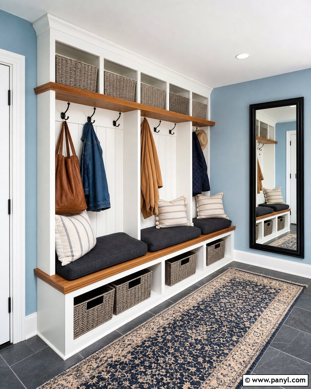 Sky Blue Mudroom Walls With Oak Storage - 30 Sky Blue Walls
