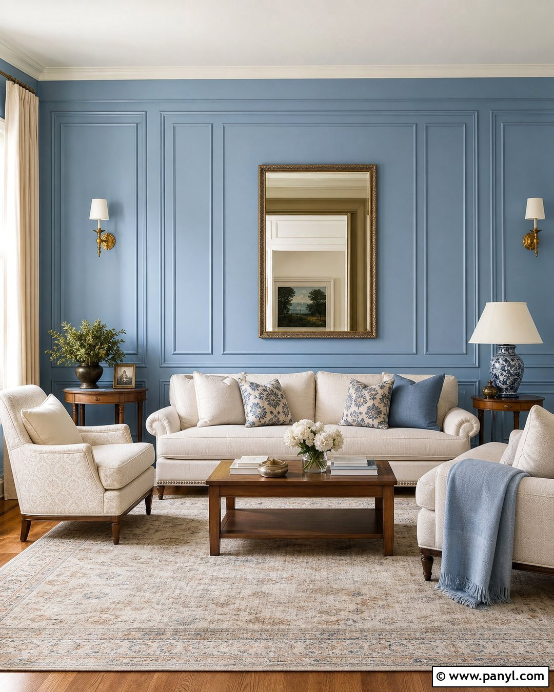 Sky Blue Paneled Walls With Cream Furniture - 30 Sky Blue Walls