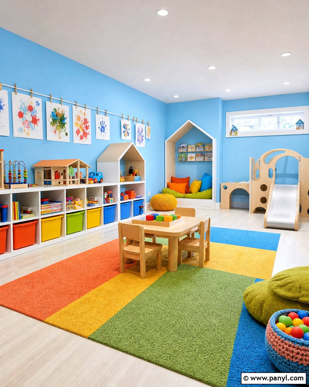 Sky Blue Playroom With Colorful Storage - 20 sky blue room ideas