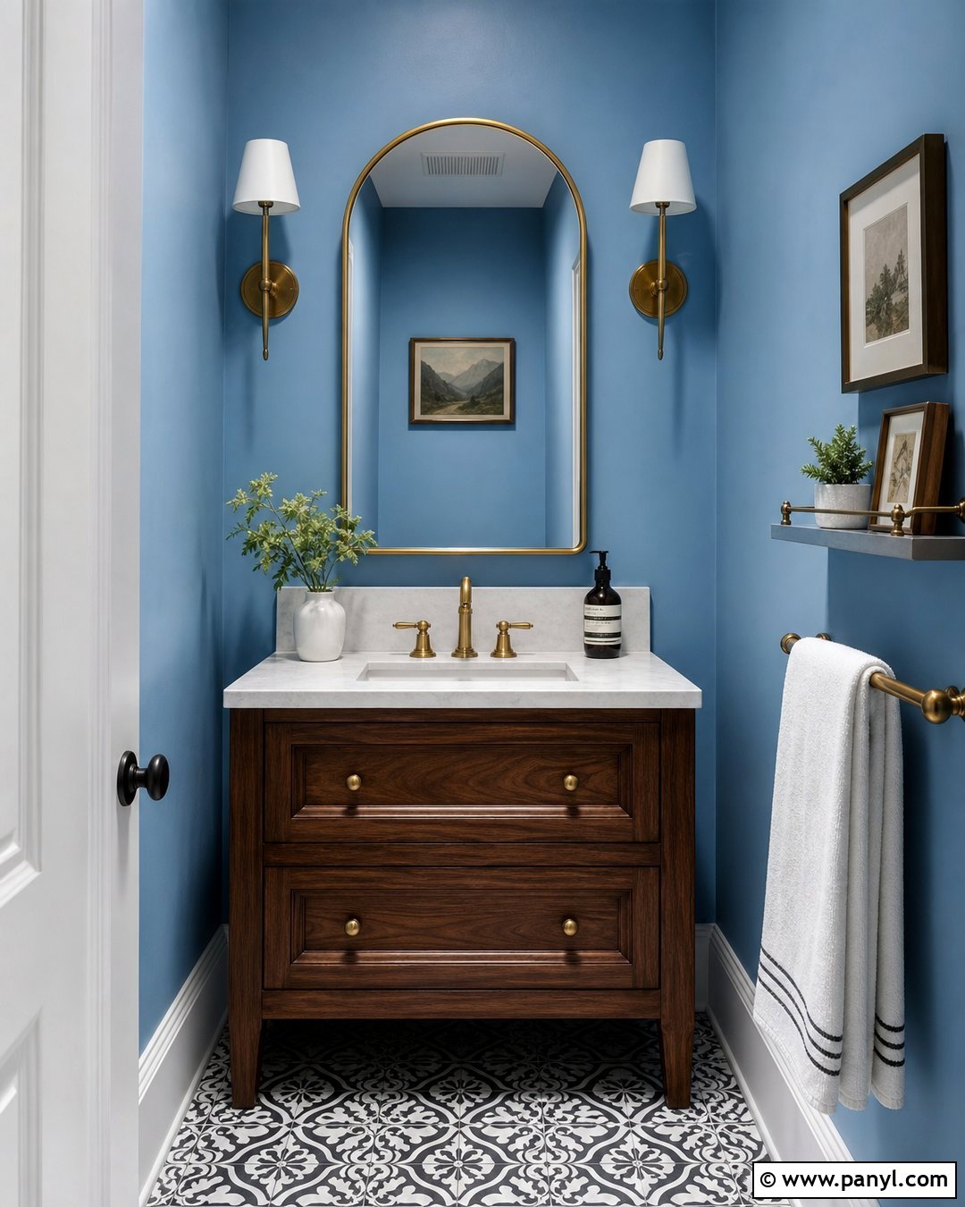 Sky Blue Powder Room Walls With Brass Fixtures - 30 Sky Blue Walls