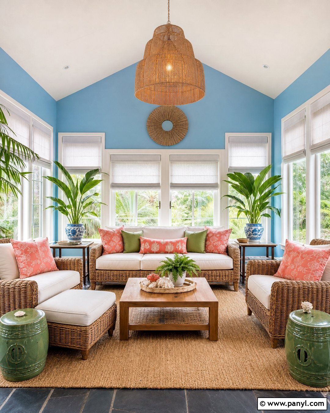 Sky Blue Sunroom Walls With Rattan Furniture - 30 Sky Blue Walls