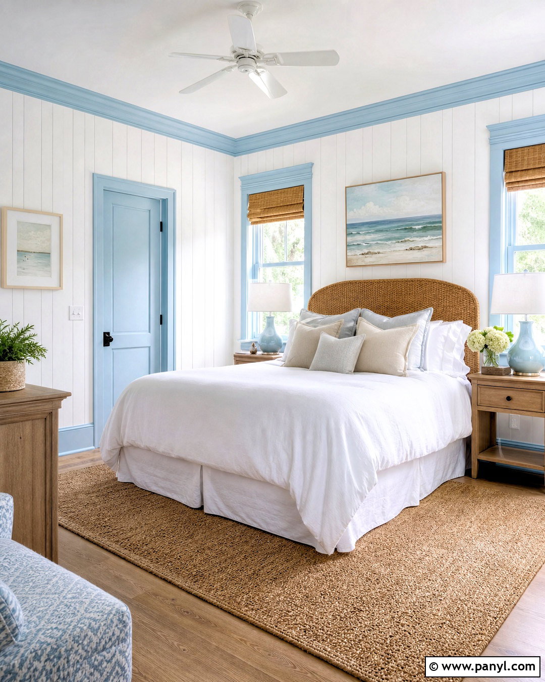 Sky Blue Trim Bedroom With White Paneling - 20 blue trim bedroom ideas
