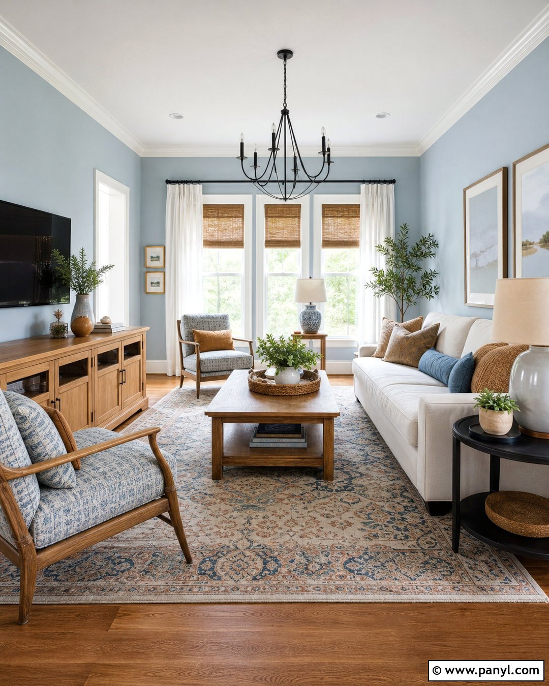 Sky Blue Walls With Warm Wood Furniture - 25 Wall Colour With Wooden Furniture Ideas