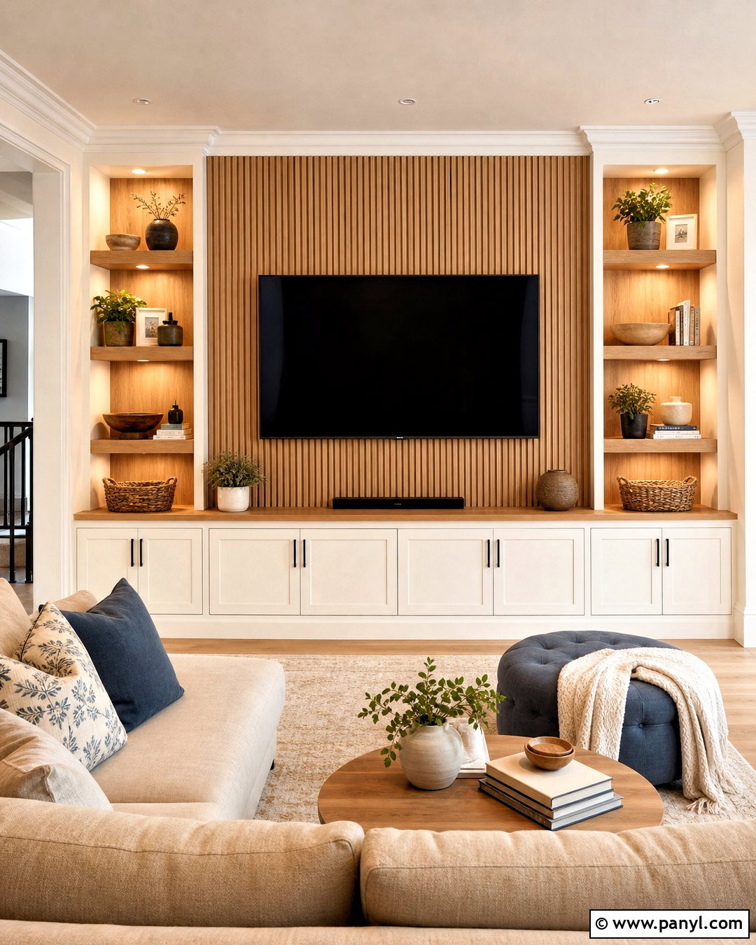 Slat TV Wall With Built-In Cabinets - 20 slat wall behind tv ideas