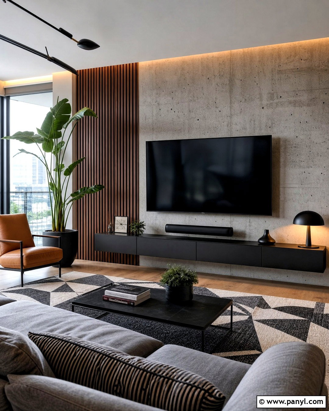 Slat TV Wall With Concrete Finish - 20 slat wall behind tv ideas