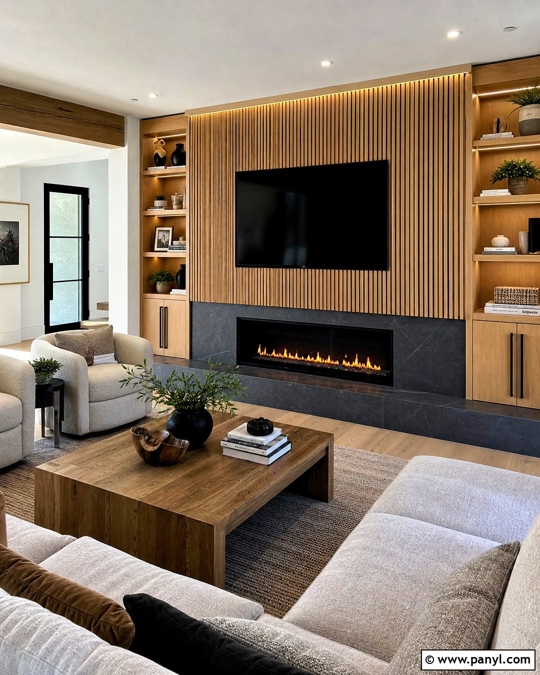 Slat TV Wall With Electric Fireplace - 20 slat wall behind tv ideas