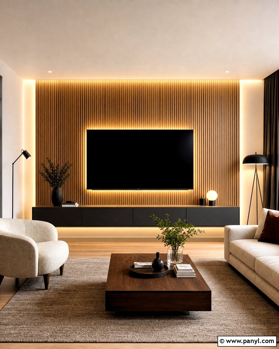 Slat TV Wall With Hidden LED Lighting - 20 slat wall behind tv ideas