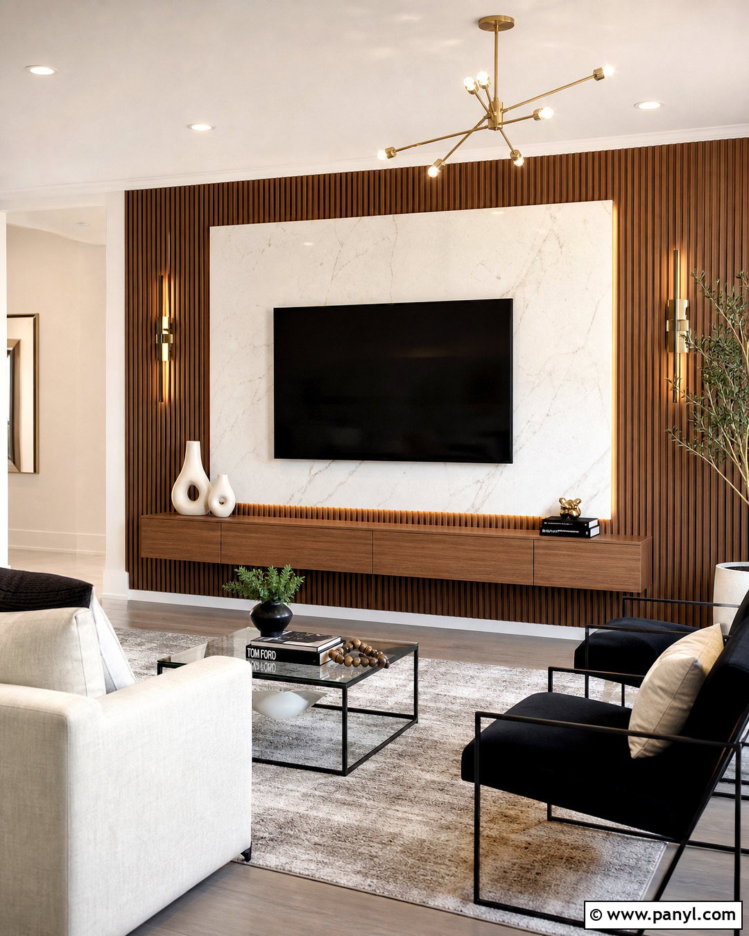 Slat TV Wall With Marble Center Panel - 20 slat wall behind tv ideas