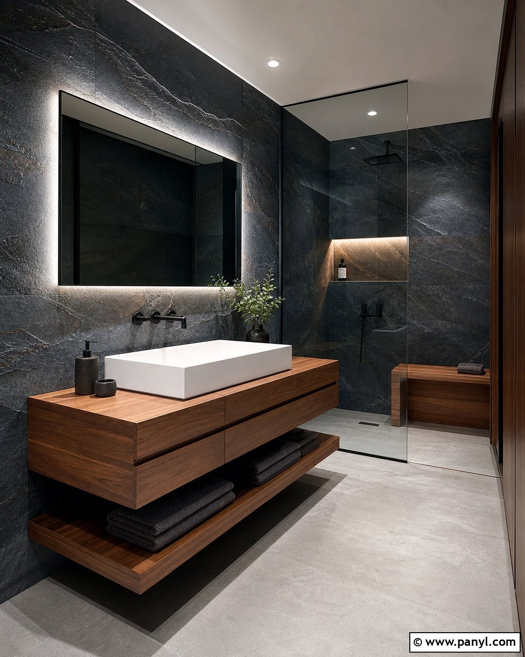 Slate Bathroom Walls With Floating Vanity - 30 Dark Bathroom Walls