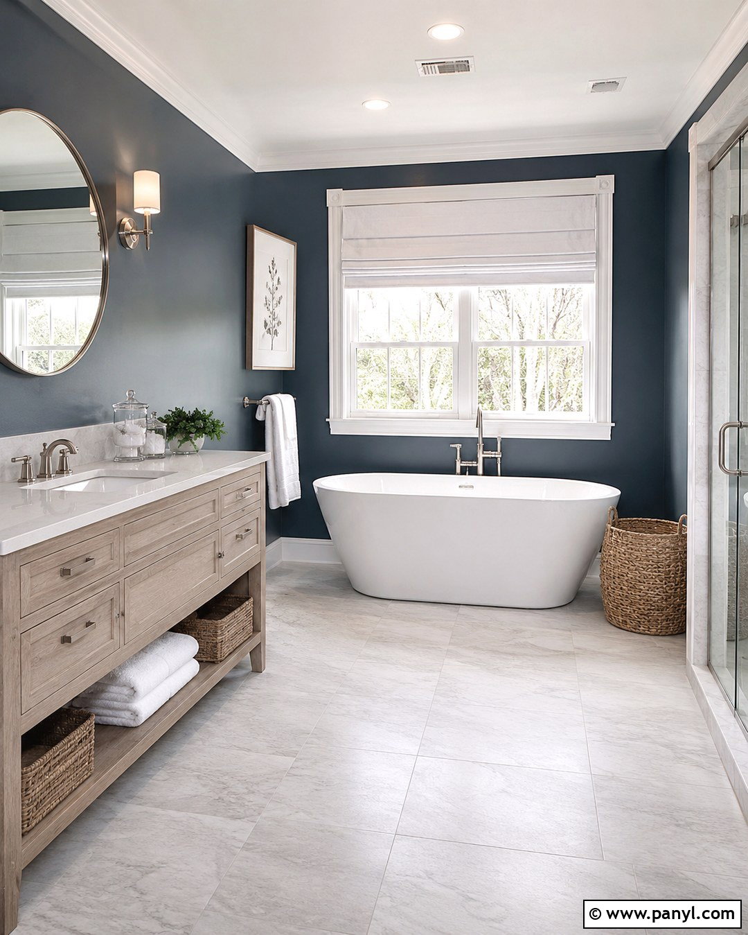 Slate Blue Bathroom With White Windows - 20 Dark Walls White Windows