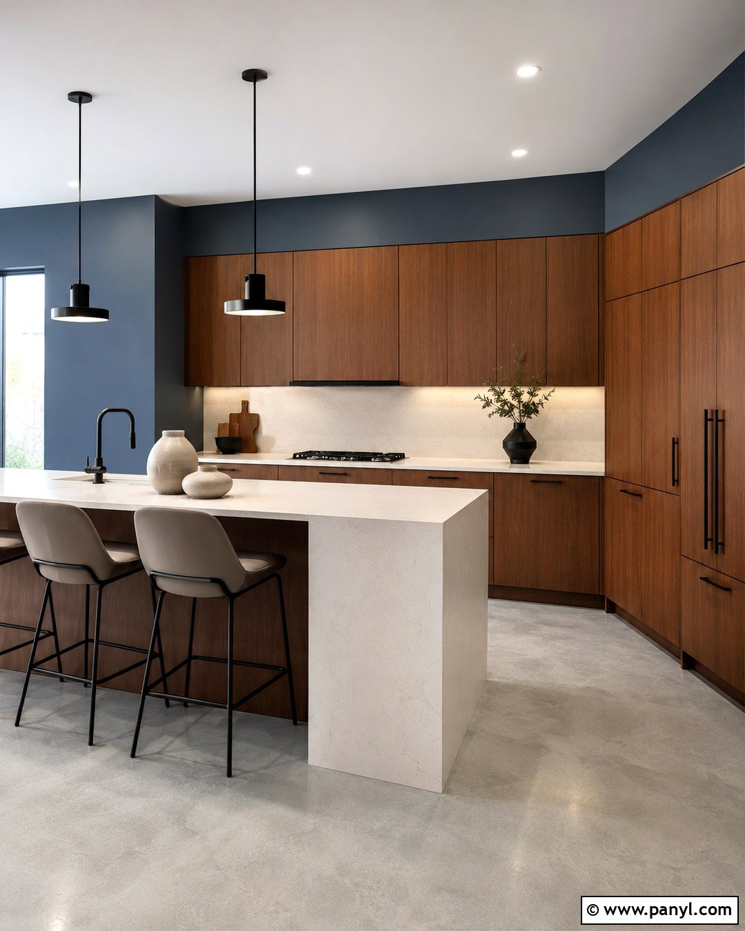 Slate Blue Kitchen Walls With Modern Walnut Cabinets - 20 Blue Kitchen Walls With Brown Cabinets