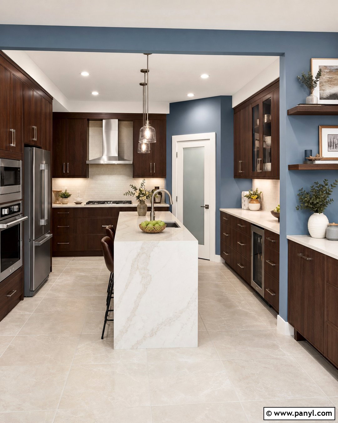 Slate Blue Kitchen Walls With Walnut Cabinets - 20 Blue Kitchen Walls With Dark Cabinets