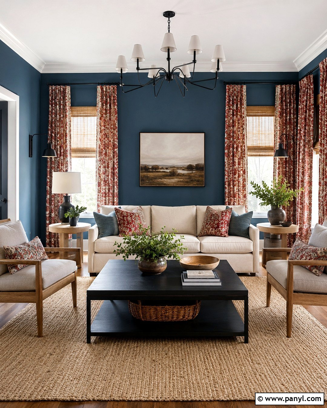 Slate Blue Living Room With Patterned Red Curtains - 20 Blue Walls Red Curtains