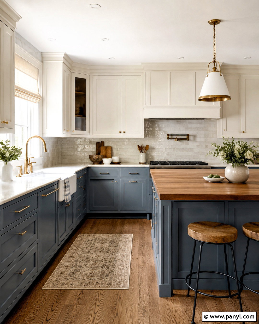 Slate Blue Lower Cabinets With Farmhouse Details - 20 blue lower cabinets white upper ideas