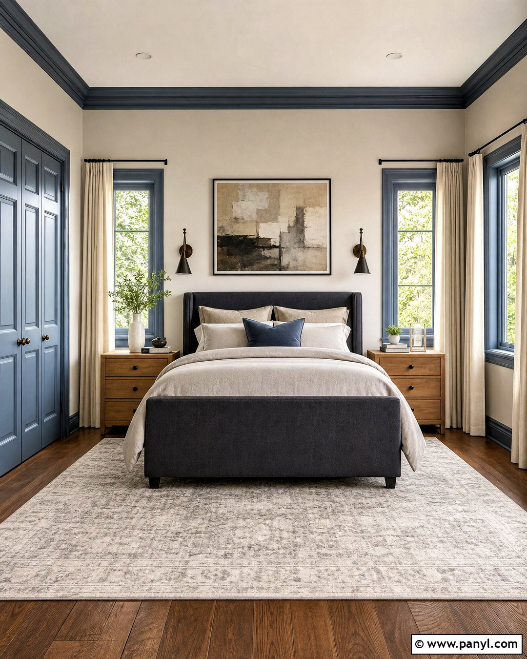 Slate Blue Trim Bedroom With Greige Walls - 20 blue trim bedroom ideas