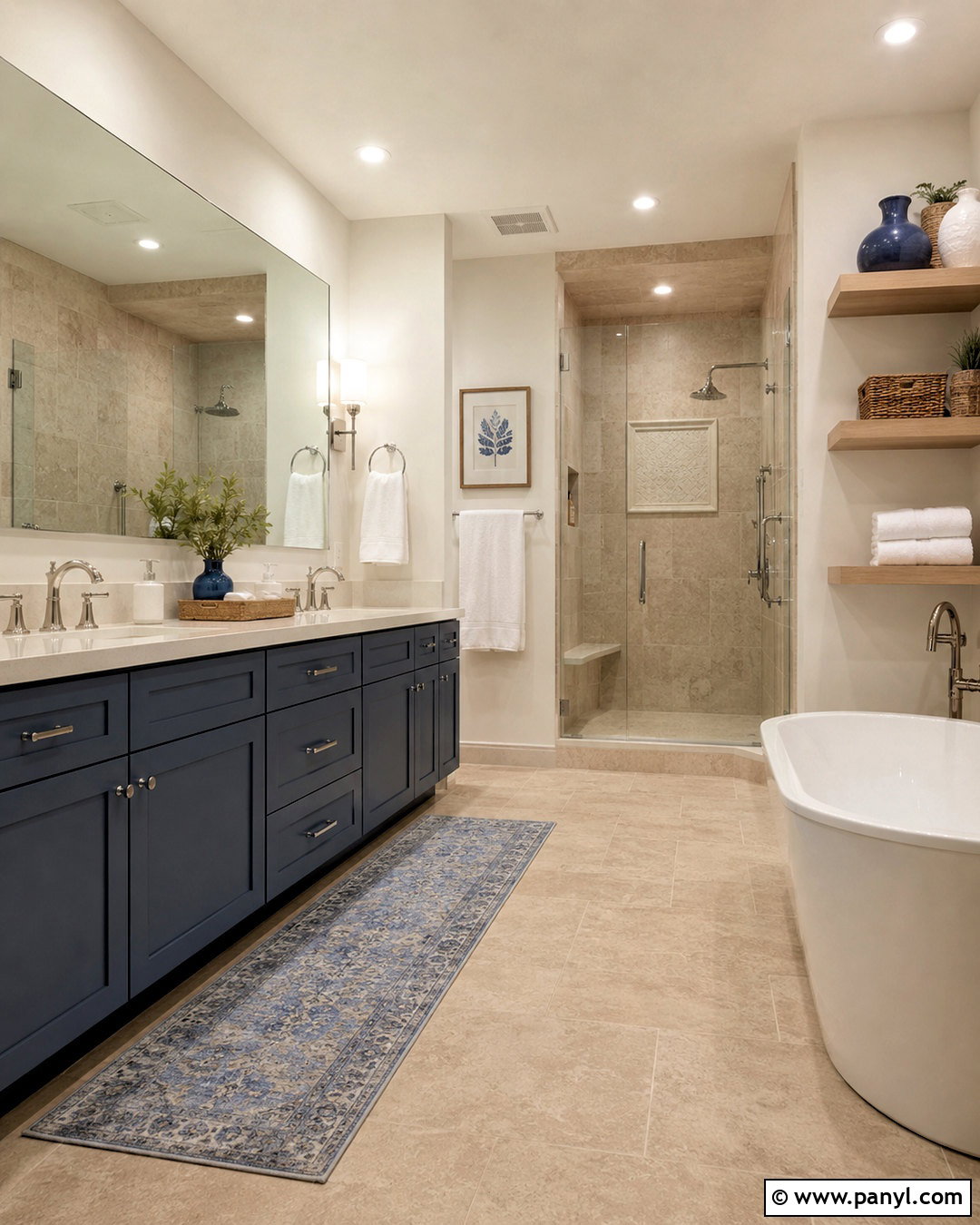 Slate Blue Vanity With Beige Bathroom Tiles - 20 What Color Goes With Beige Bathroom Tiles