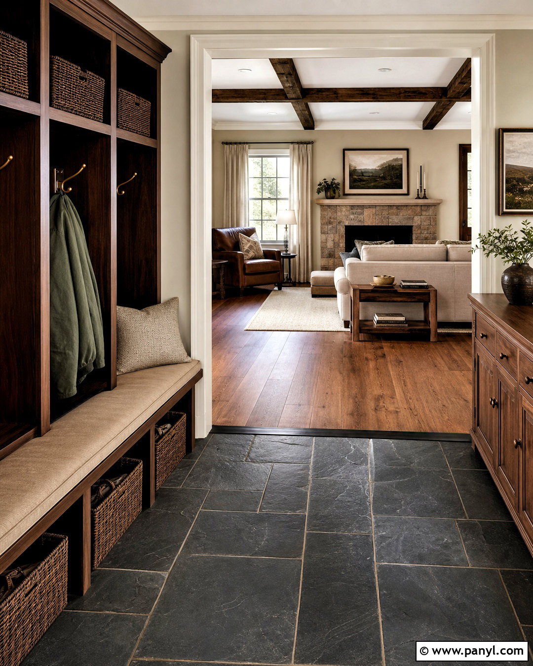 Slate Tile And Walnut Hardwood - 20 tile and hardwood floor combination ideas