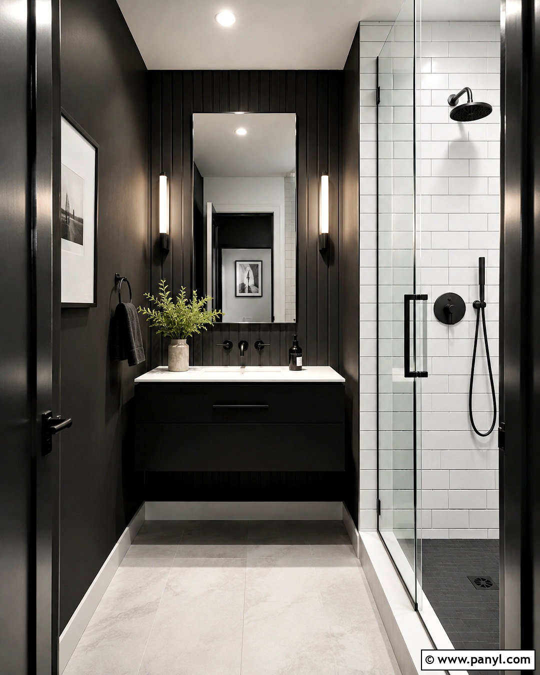 Small Black Restroom With White Accents - 20 black restroom ideas