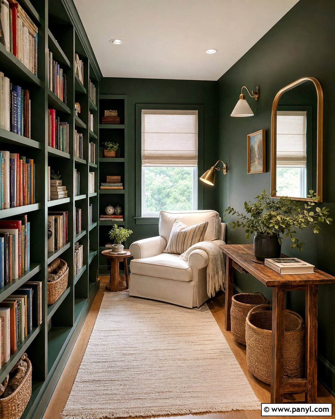 Small Dark Green Library With Cream Furniture - 20 Cozy Library With Dark Green Walls