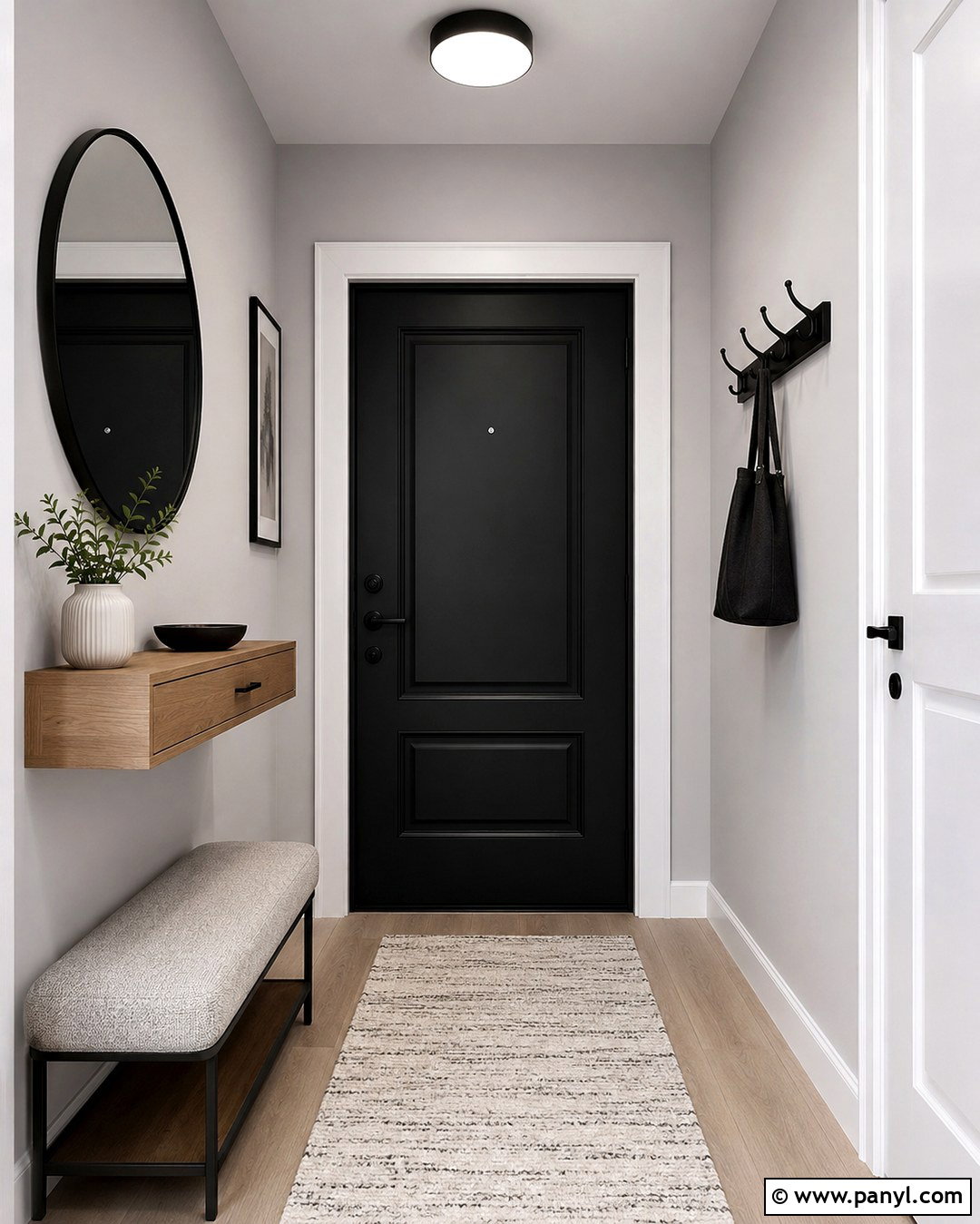 Small Gray Apartment Entry With Black Door - 20 Black Door Grey Walls