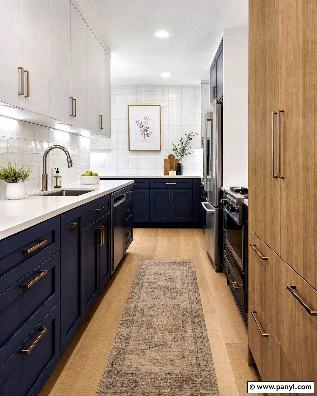 Small Navy Galley Kitchen With Light Wood - 20 navy and wood kitchen ideas