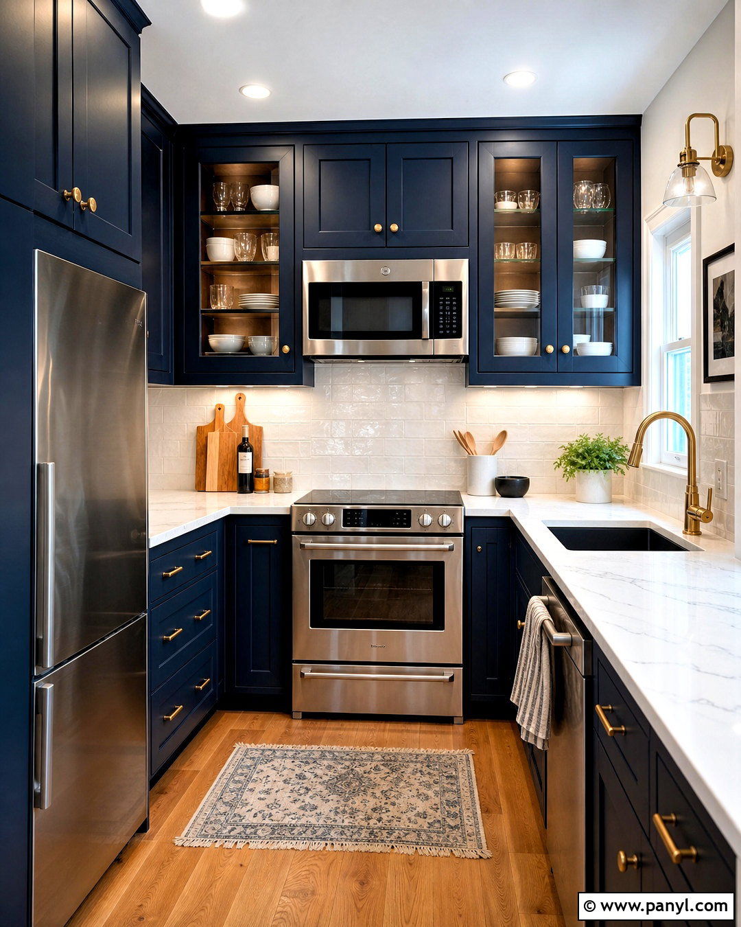 Small Navy Shaker Kitchen With Brass Hardware - 20 small navy kitchen ideas