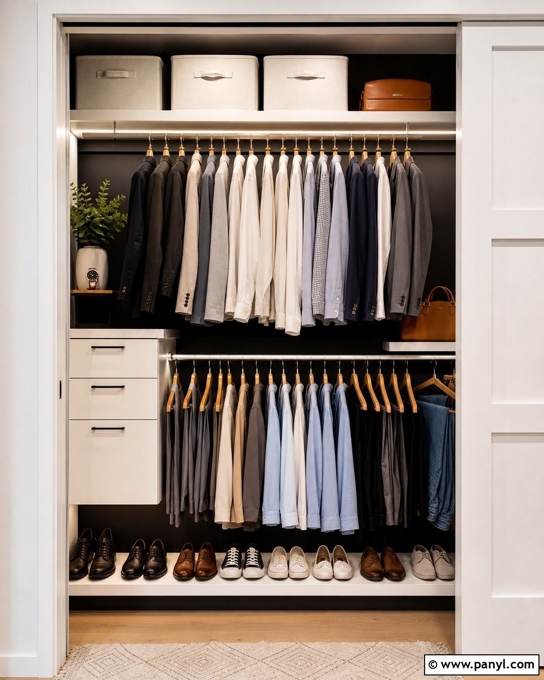 Small Reach-In Closet With Black Back Wall - 20 Black Accent Wall Closet Ideas