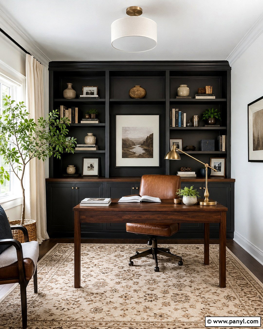 Snowbound Home Office With Charcoal Built-Ins - 20 Snowbound Wall Color Ideas