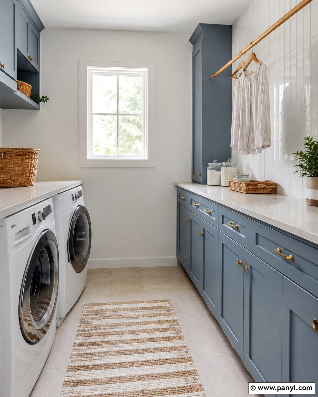 Snowbound Laundry Room With Dusty Blue Cabinets - 20 Snowbound Wall Color Ideas