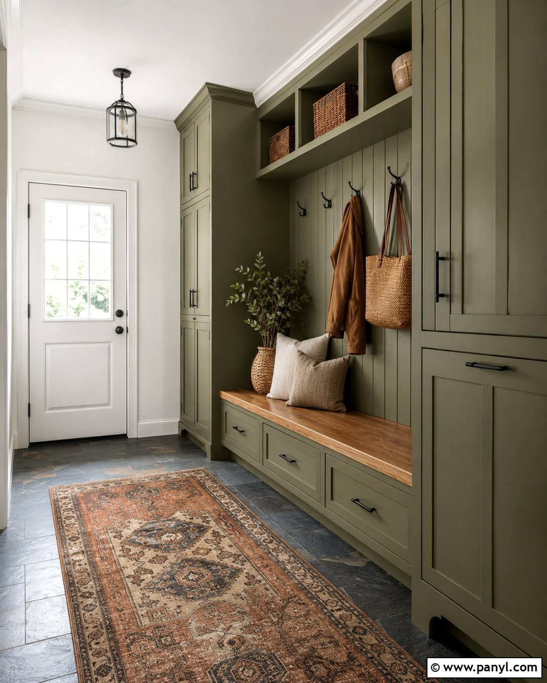 Snowbound Mudroom With Olive Green Built-Ins - 20 Snowbound Wall Color Ideas