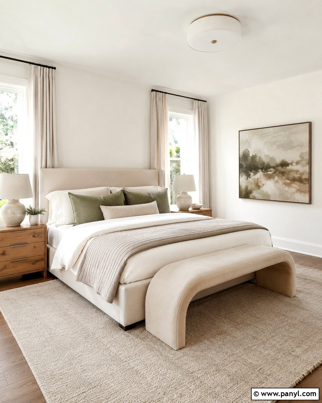 Snowbound Walls In A Calm Primary Bedroom - 20 Sw Snowbound Walls With Pure White Trim Ideas