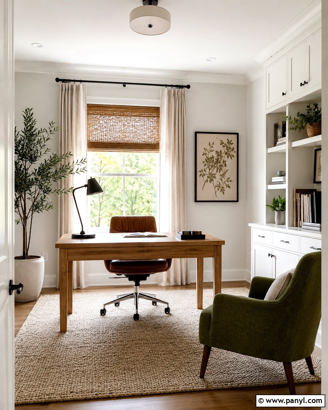 Snowbound Walls In A Natural Home Office - 20 Sw Snowbound Walls With Pure White Trim Ideas