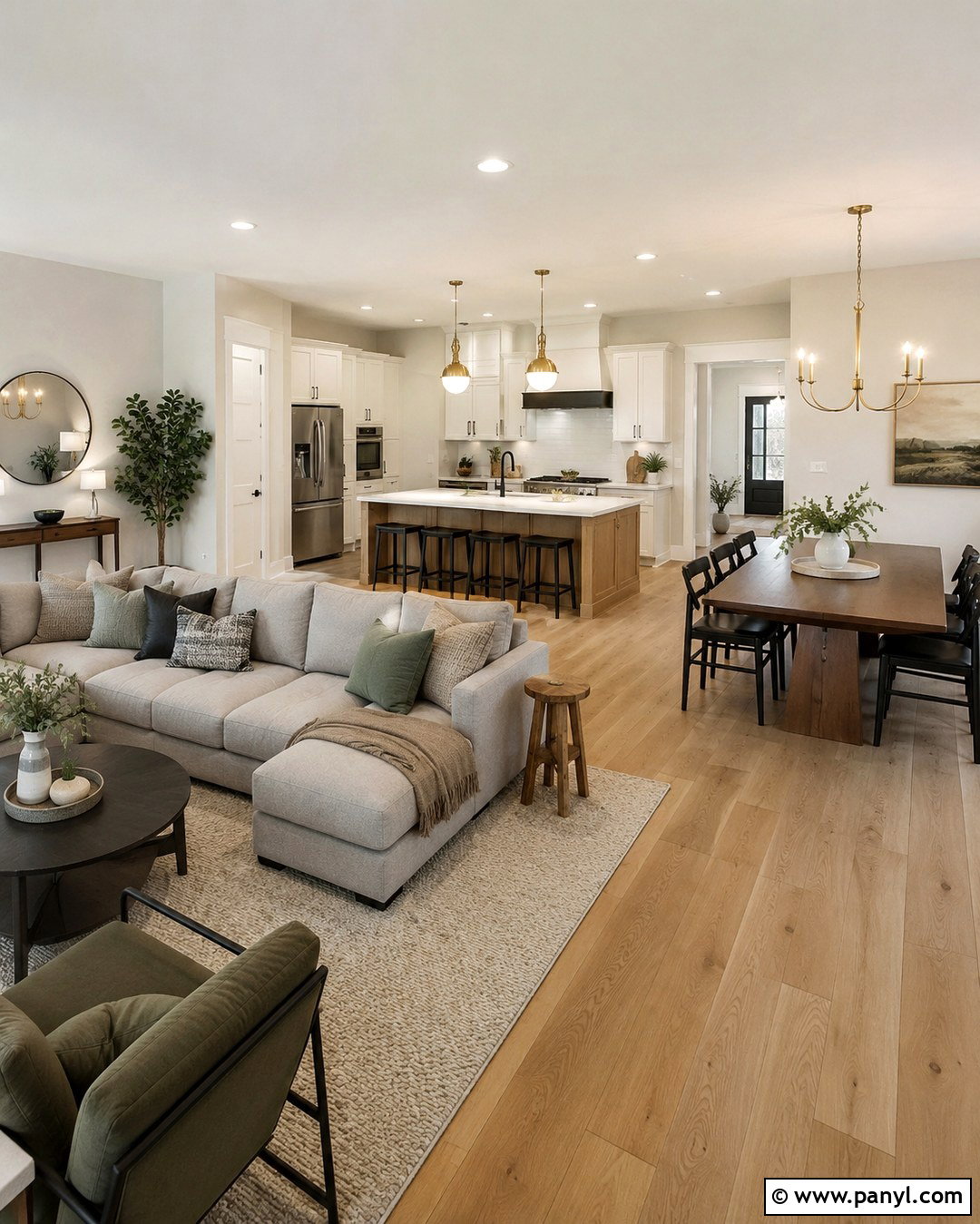 Snowbound Walls In An Open Concept Home - 20 Sw Snowbound Walls With Pure White Trim Ideas
