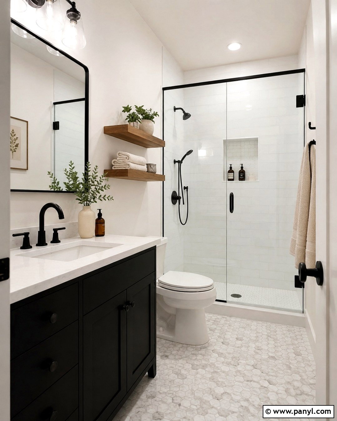 Snowfall White Walls With A Black Bathroom Vanity - 20 Snowfall White Benjamin Moore Walls