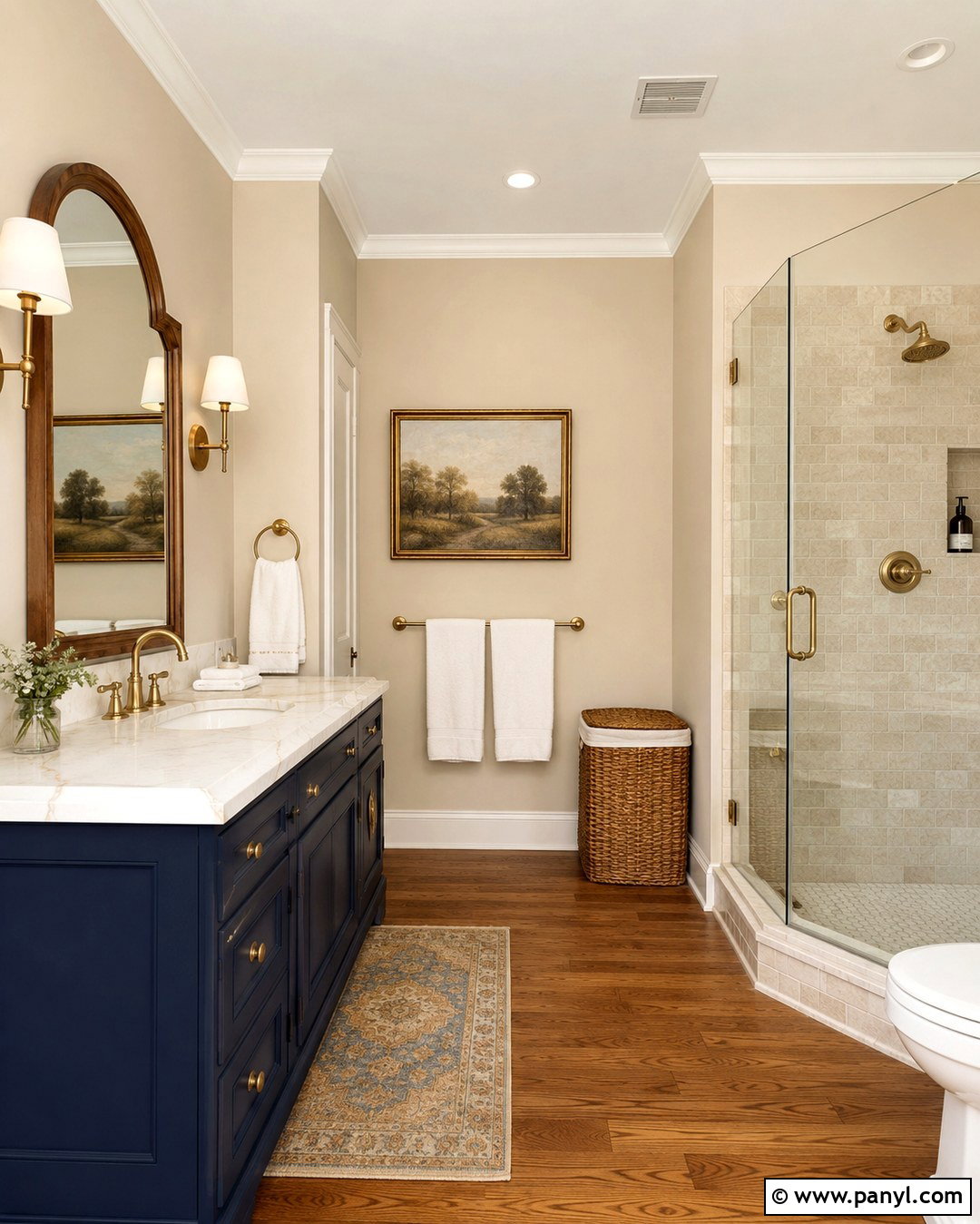 Soft Beige Bathroom Walls With Navy Vanity - 20 Bathroom Wall Color With Blue Vanity Ideas