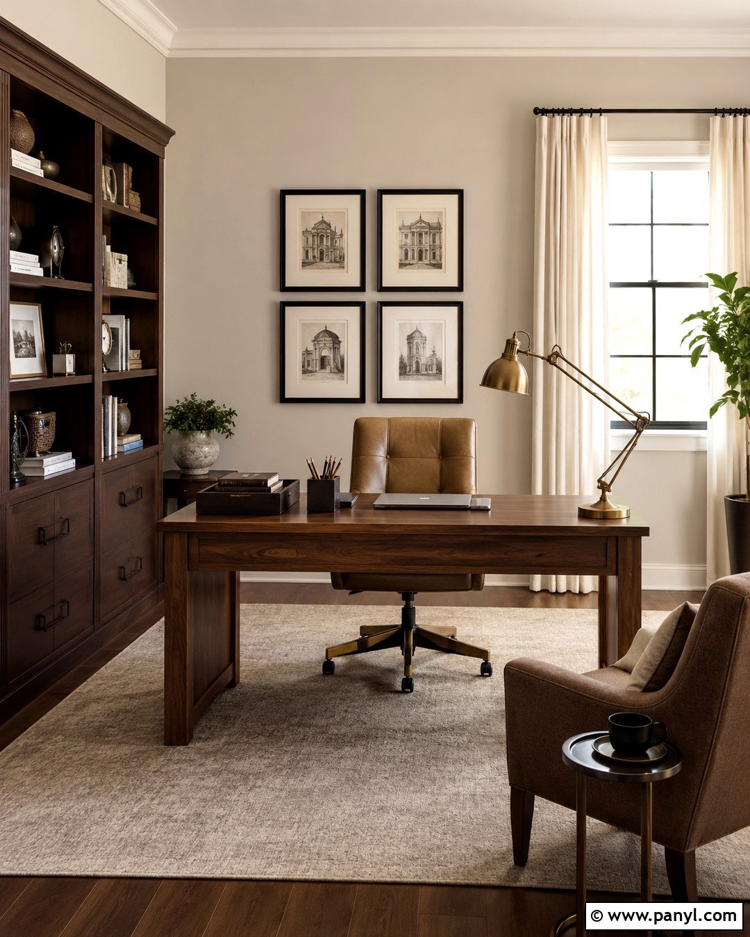 Soft Beige Home Office With Dark Wood - 20 Soft Beige Wall Color Ideas