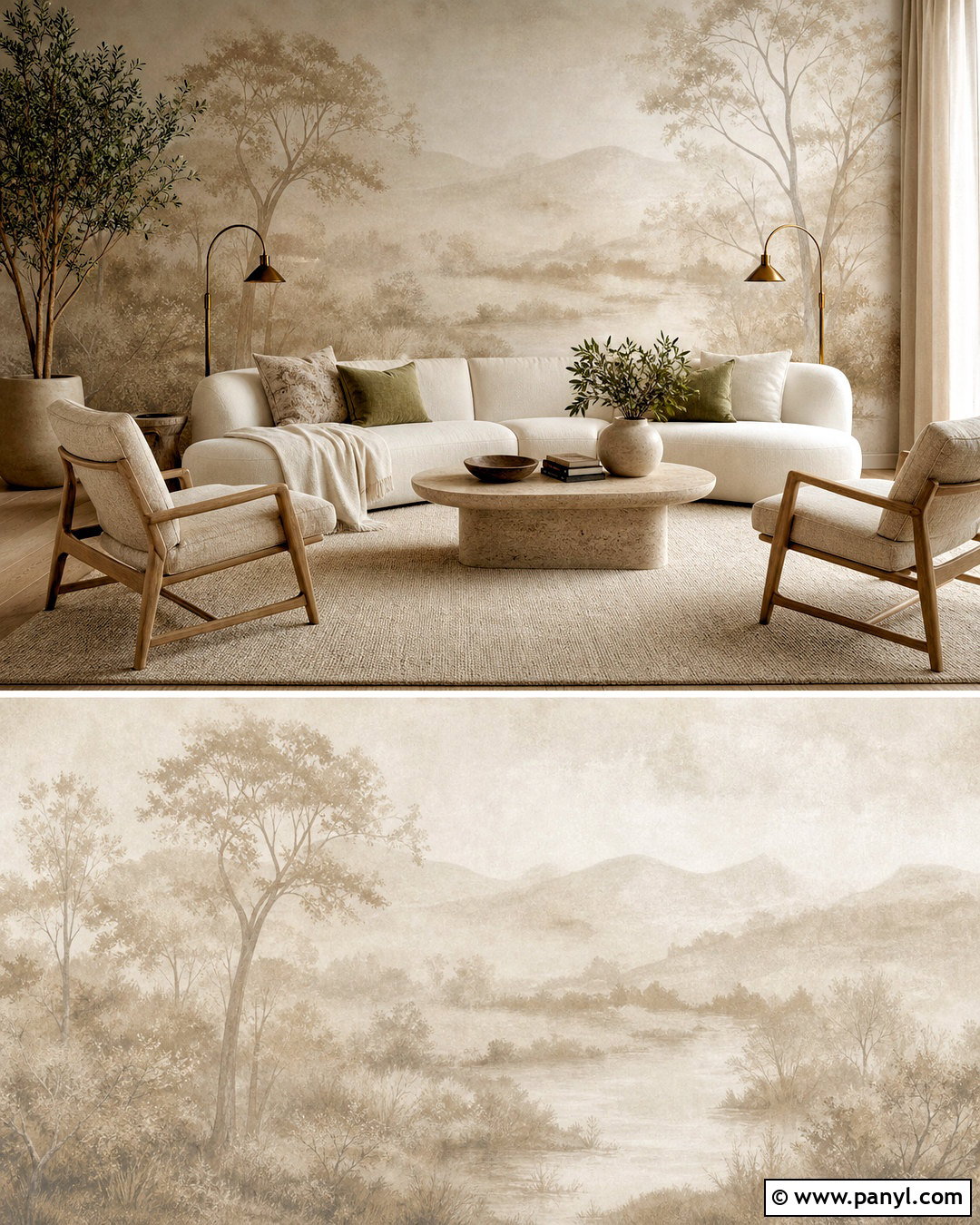Soft Beige Landscape Mural Living Room - 20 soft beige wallpaper ideas